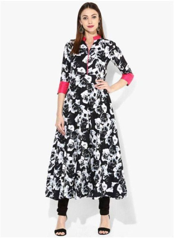 Women Printed Crepe Asymmetric Kurta  (Black)