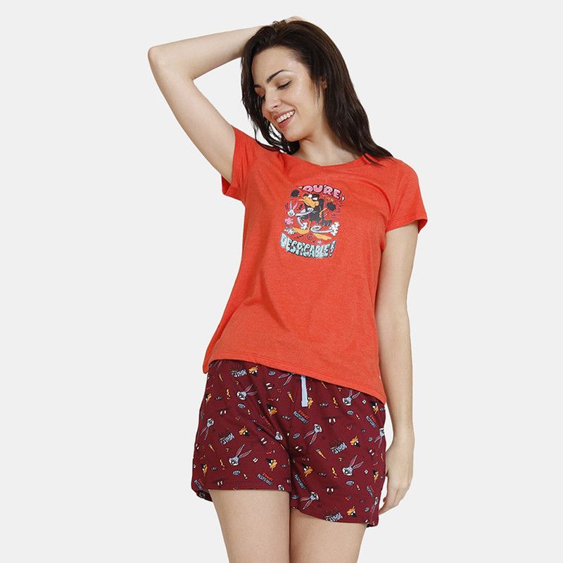 Women Top & Shorts Set Orange, Red Printed