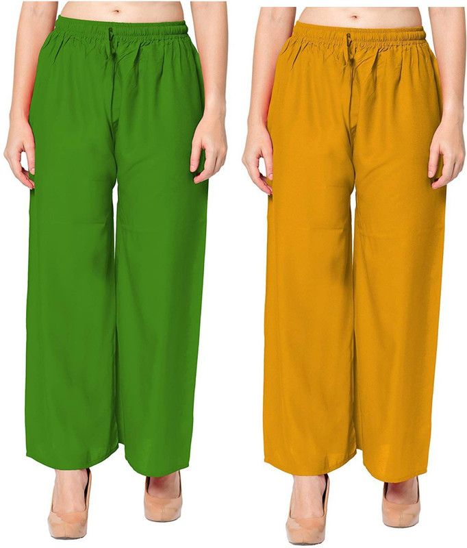 Pack of 2 Women Regular Fit Green, Yellow Cotton Blend Trousers