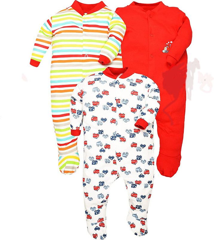 Romper For Baby Boys & Baby Girls Striped, Printed, Solid Cotton Blend  (Red, Pack of 3)