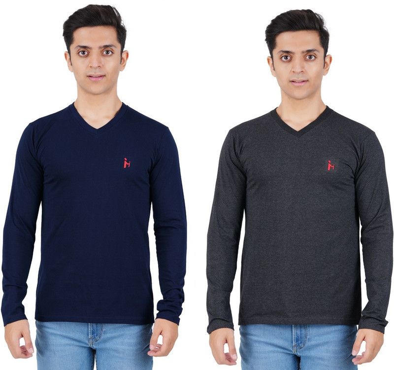 Pack of 2 FULL SLEEVE ROUND NECK MEN T-SHIRT Men Solid V Neck Cotton Blend Blue, Grey T-Shirt