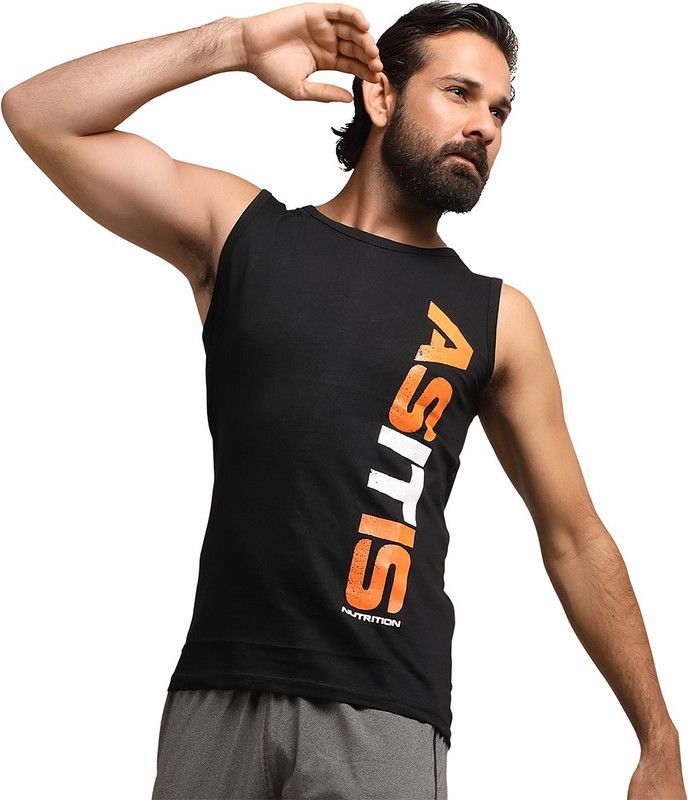 Sleeveless Performance/Sports Cotton T-Shirt (M Size) Men Typography Round Neck Cotton Blend Black T-Shirt