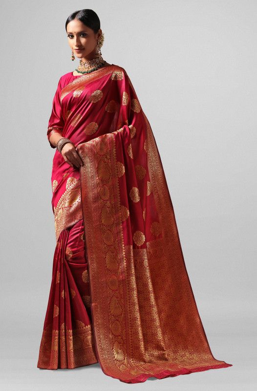 - Woven Banarasi Silk Blend Saree  (Pink)