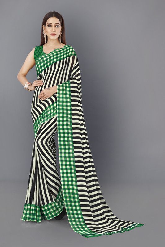 Striped Daily Wear Georgette Saree  (Green, Black)