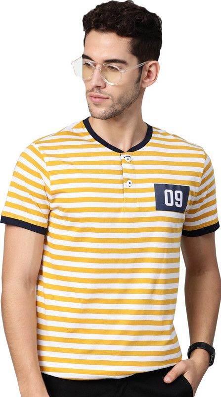 Men Striped Henley Neck Cotton Blend White, Yellow T-Shirt