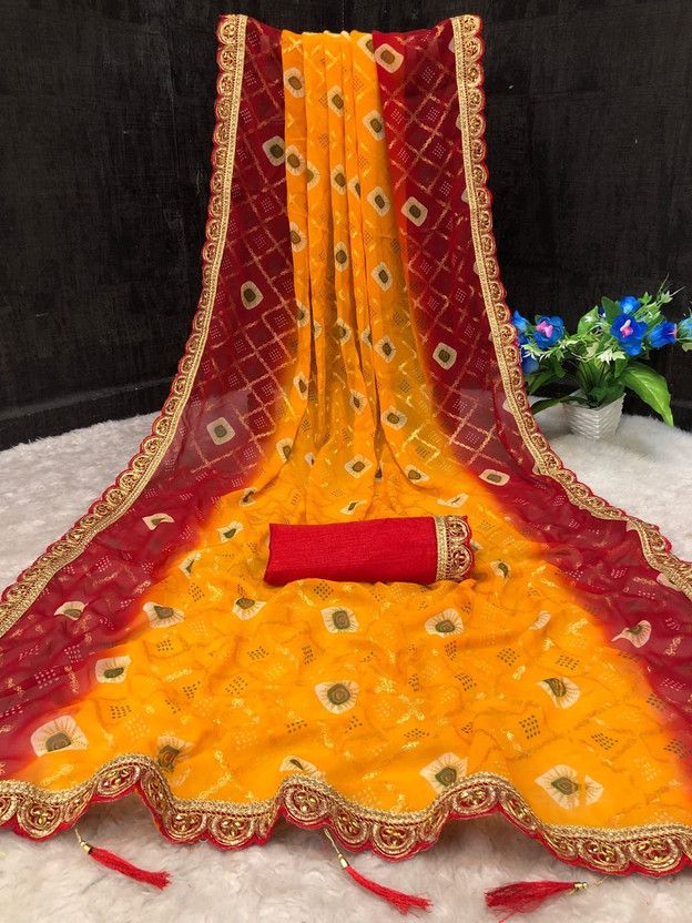 Self Design, Printed, Graphic Print Bandhani Georgette Saree  (Gold)