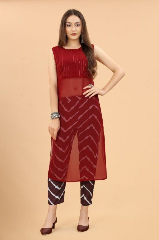 Women Applique Cotton Silk A-line Kurta  (Red)