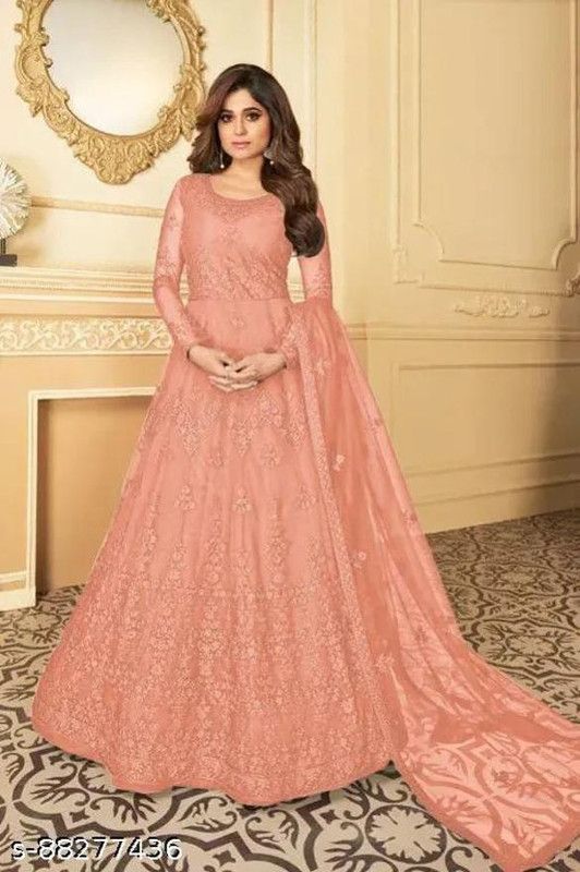 Net Semi Stitched Anarkali Gown  (Brown)