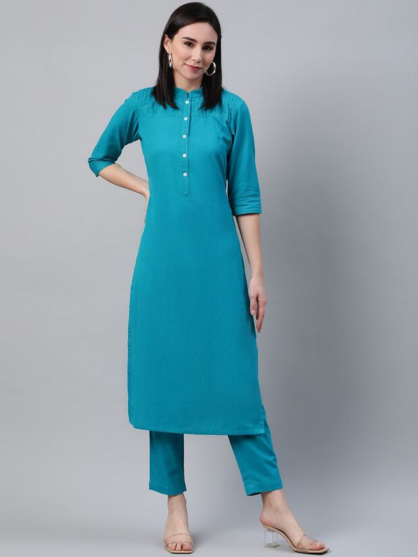 Women Solid Pure Cotton Straight Kurta  (Blue)