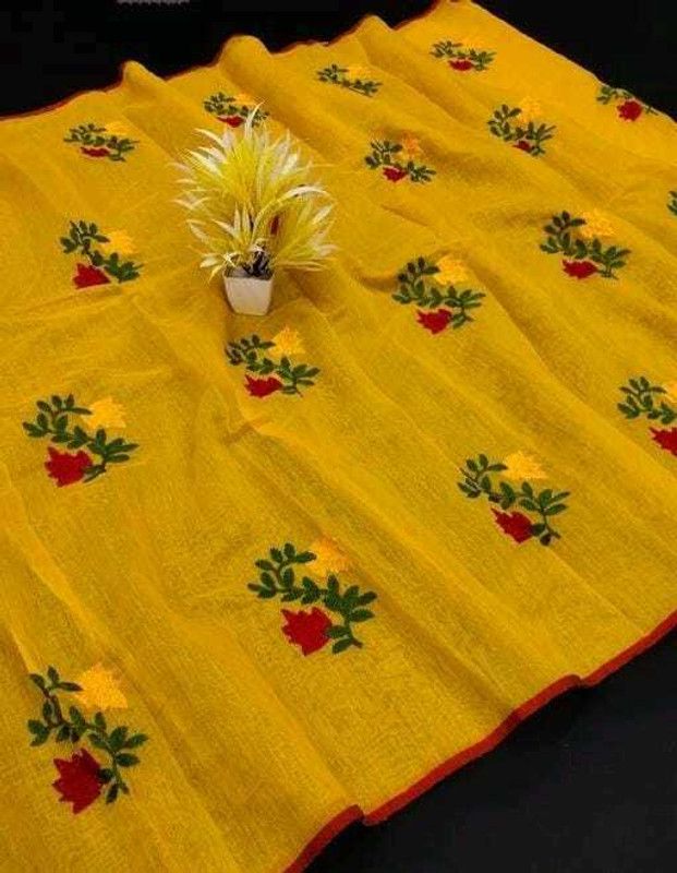 Floral Print Chanderi Cotton Blend Saree  (Mustard)