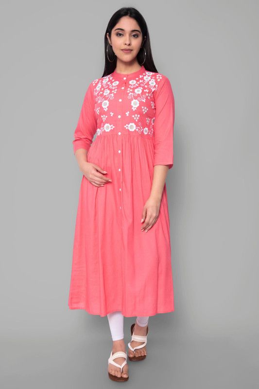 Women Embroidered Kurta  (Pink)