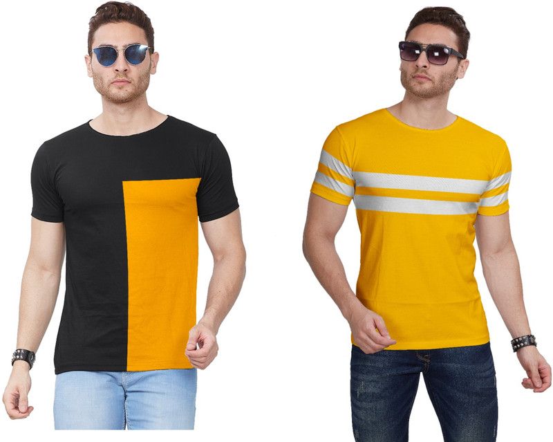 Pack of 2 Men Color Block Round Neck Cotton Blend Multicolor T-Shirt
