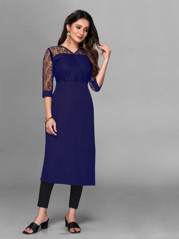Women Solid Crepe A-line Kurta  (Blue)