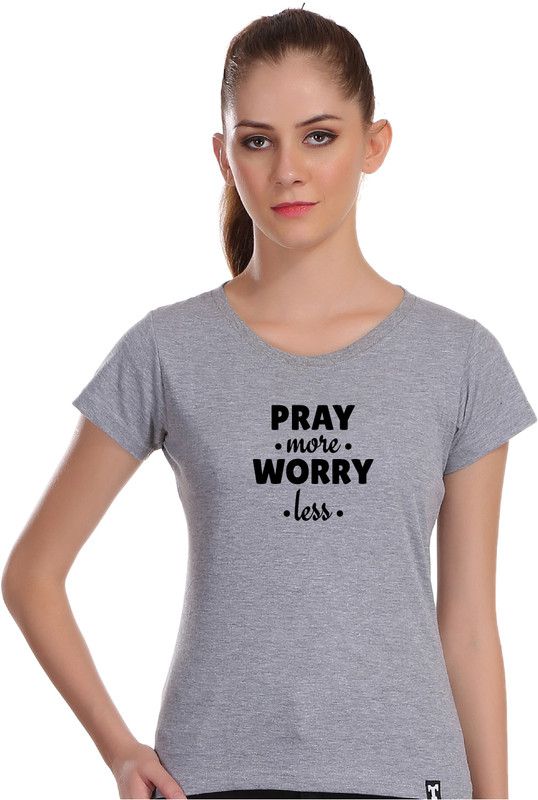Women Typography Round Neck Cotton Blend Grey T-Shirt