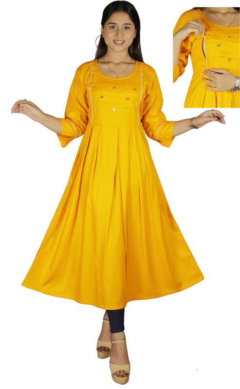 Women Self Design Cotton Rayon Ethnic Dress  (Gold)