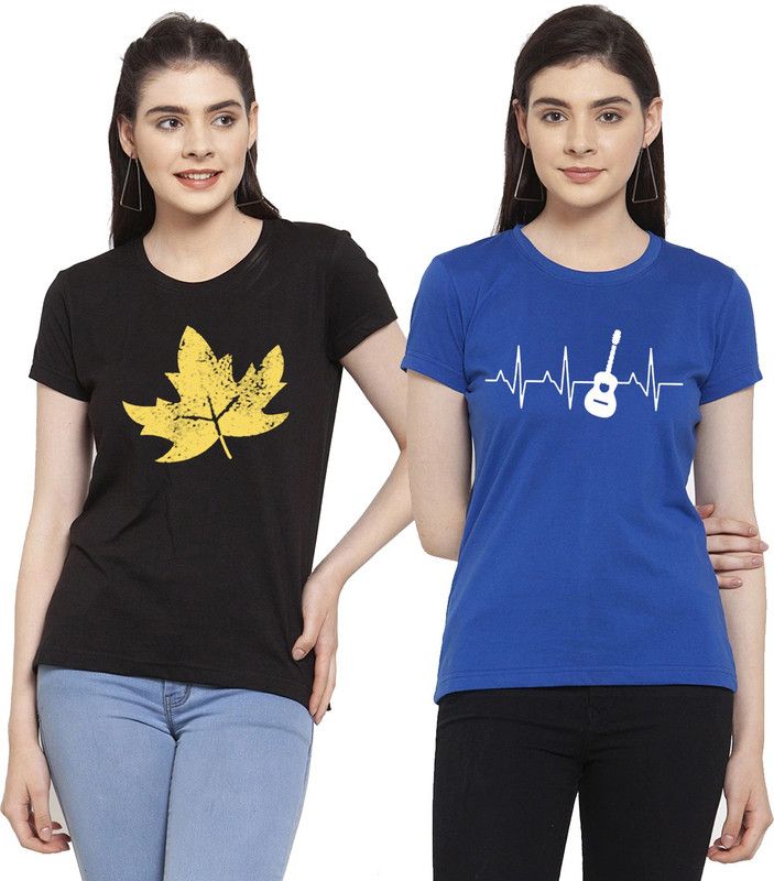 Printed Women Black, Blue T-Shirt  (Pack of 2)
