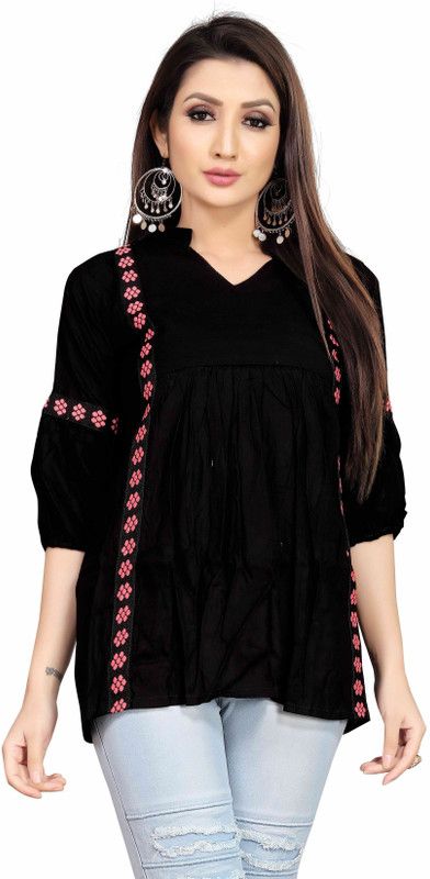 Casual Balloon Sleeve Solid Women Black Top
