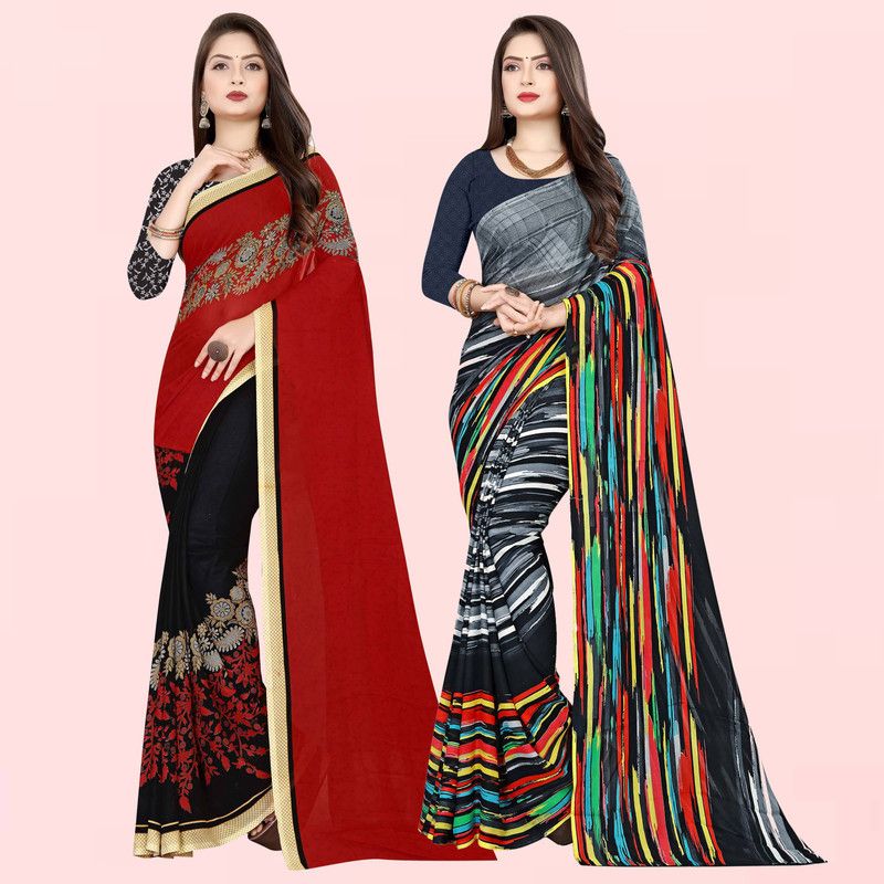 Printed, Striped Bollywood Georgette Saree  (Pack of 2, Red, Grey)