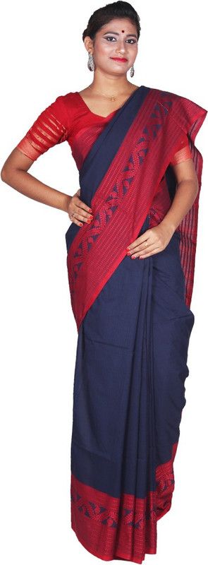Self Design Handloom Handloom Pure Cotton Saree  (Blue, Maroon)