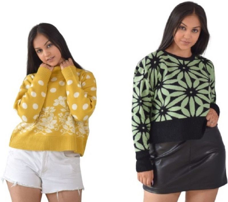 Women Self Design Round Neck Yellow, Green Sweater