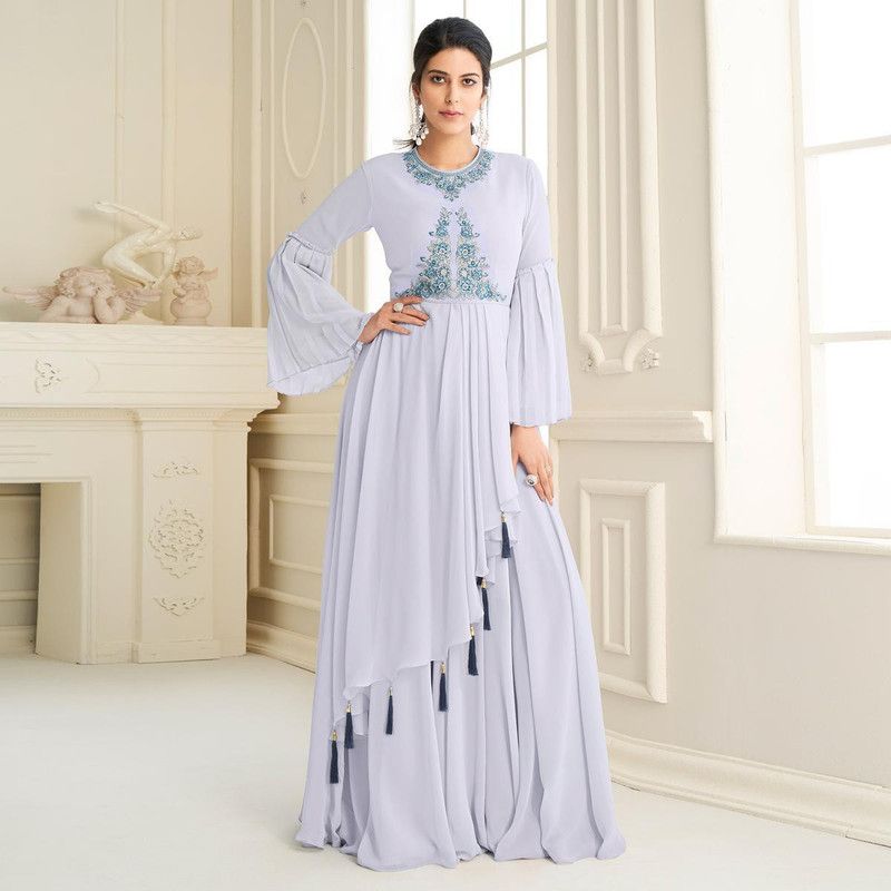 Women Embroidered Georgette Gown Kurta  (Light Blue)