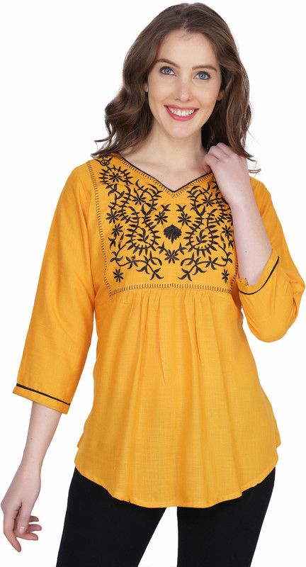 Casual Regular Sleeves Embroidered Women Yellow Top