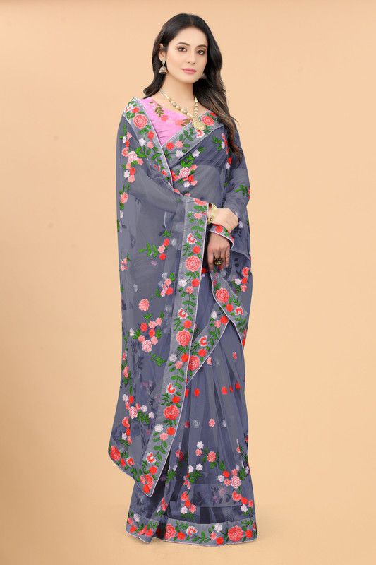 Floral Print Chettinadu Net Saree  (Grey)