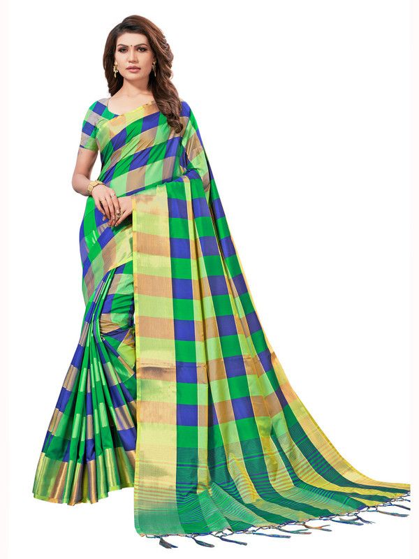 Checkered Bollywood Cotton Blend Saree  (Green)