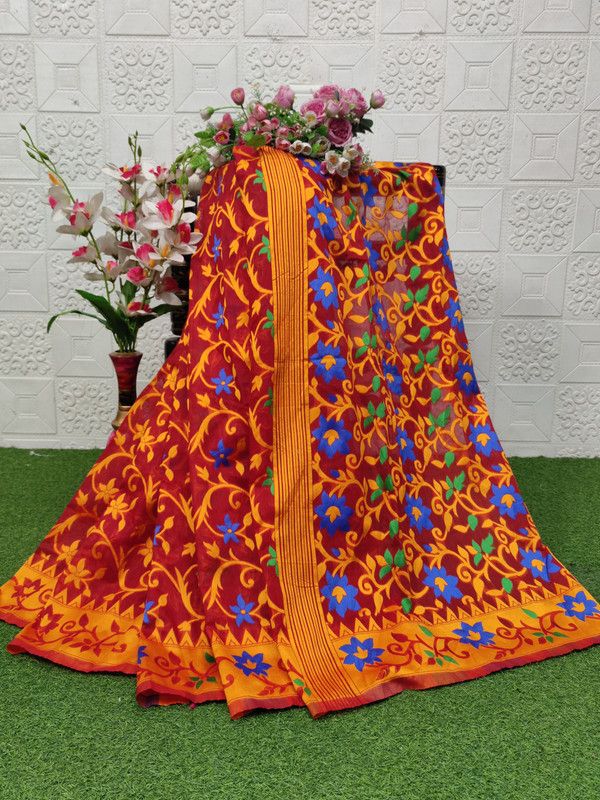 Floral Print Jamdani Cotton Silk Saree  (Pink)