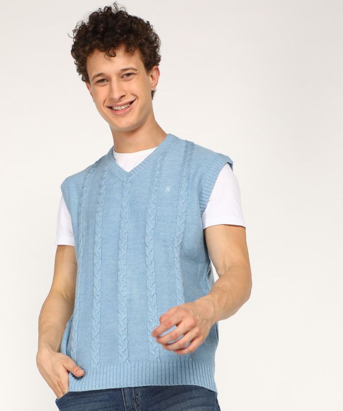 Men Woven V Neck Blue Sweater