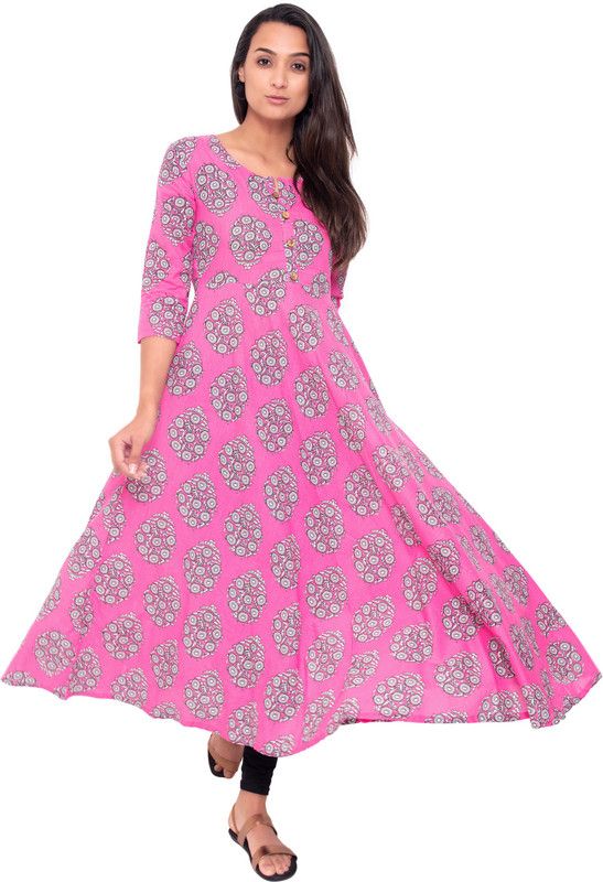 Women Floral Print Cotton Blend Flared Kurta  (Pink)