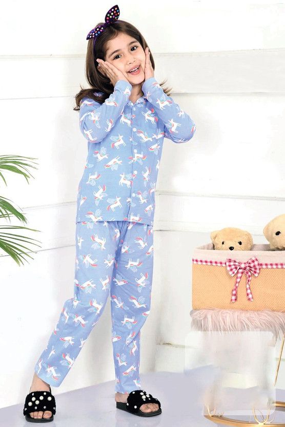 Girls Printed Pure Cotton Kids Nightwear  (Light Blue Pack of 1)
