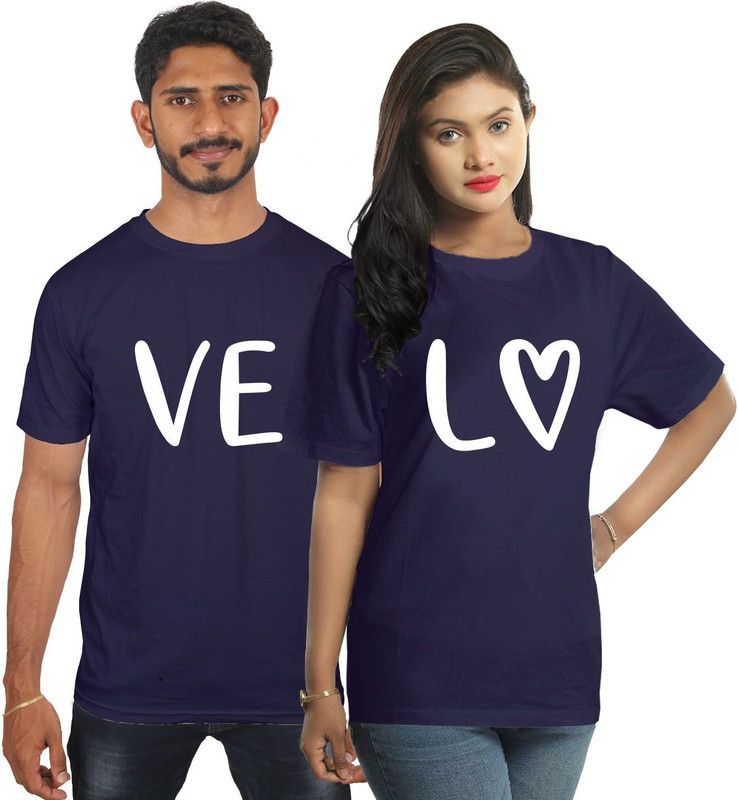 Pack of 2 Couple Typography Round Neck Cotton Blend Navy Blue T-Shirt