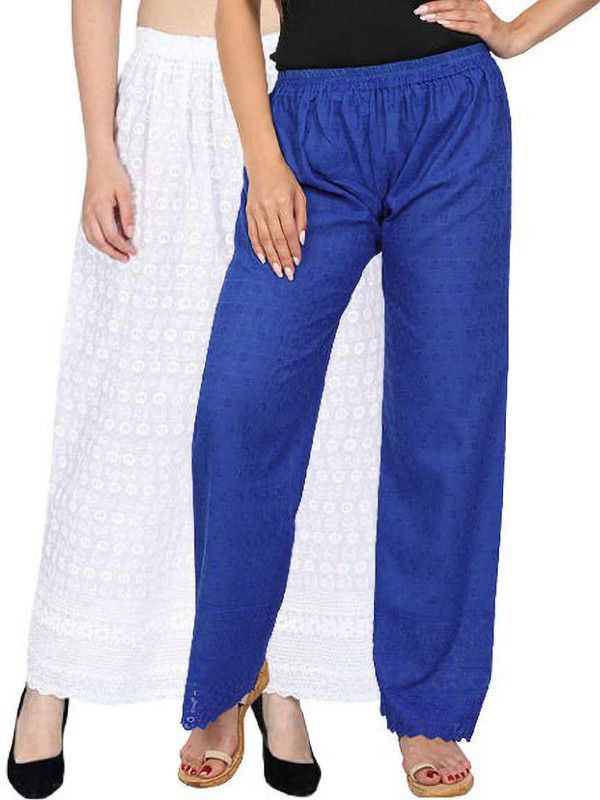 Pack of 2 Women Regular Fit White, Blue Cotton Blend Trousers