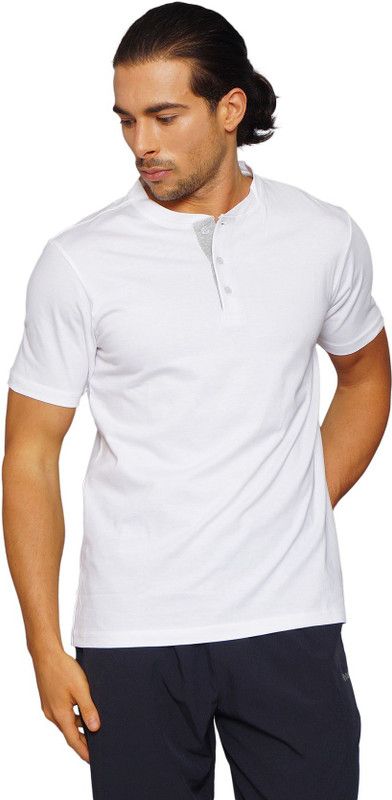 BASIC SOLID HENLEY Men Solid Henley Neck Cotton Blend White T-Shirt