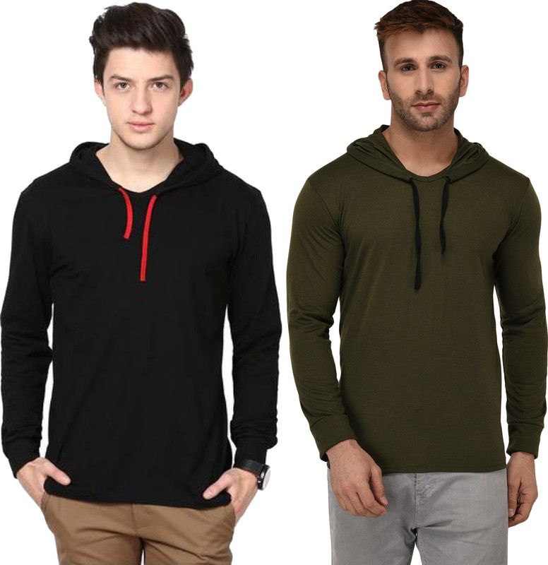 Pack of 2 Men Solid Hooded Neck Cotton Blend Dark Green, Black T-Shirt