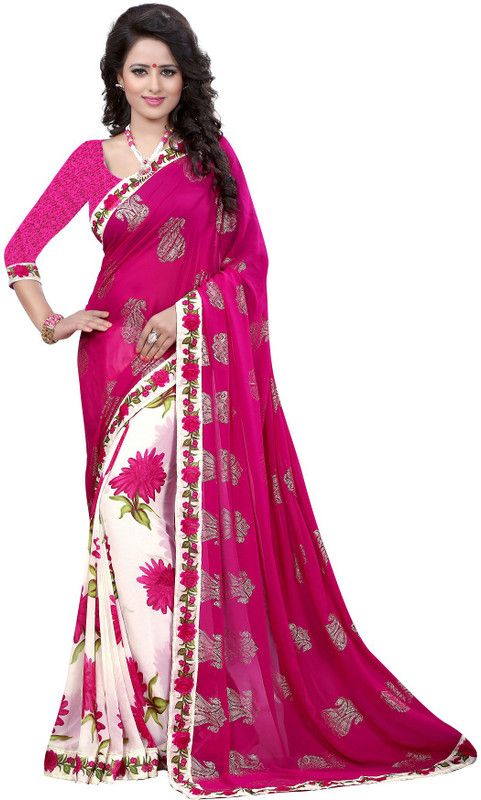 Embellished, Digital Print, Printed Bollywood Georgette, Chiffon Saree  (Pink, White)