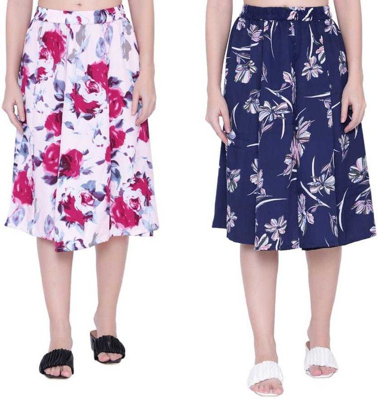 Women Floral Print Pleated Blue, Pink Skirt