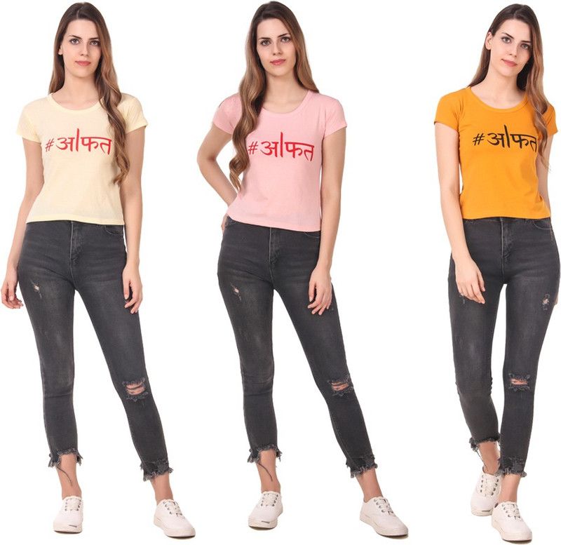 Pack of 3 Women Typography Round Neck Cotton Blend Pink, Beige, Yellow T-Shirt