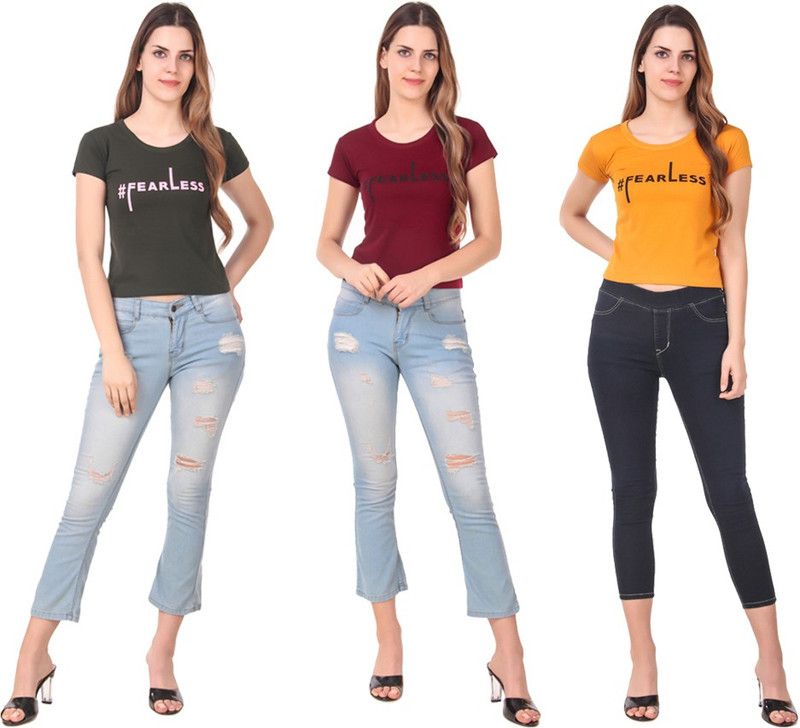 Pack of 3 Women Typography Round Neck Cotton Blend Purple, Green, Yellow T-Shirt