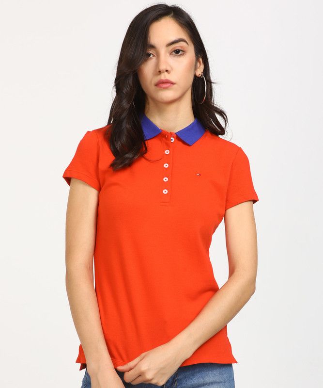 Women Colorblock Polo Neck Cotton Blend Orange T-Shirt
