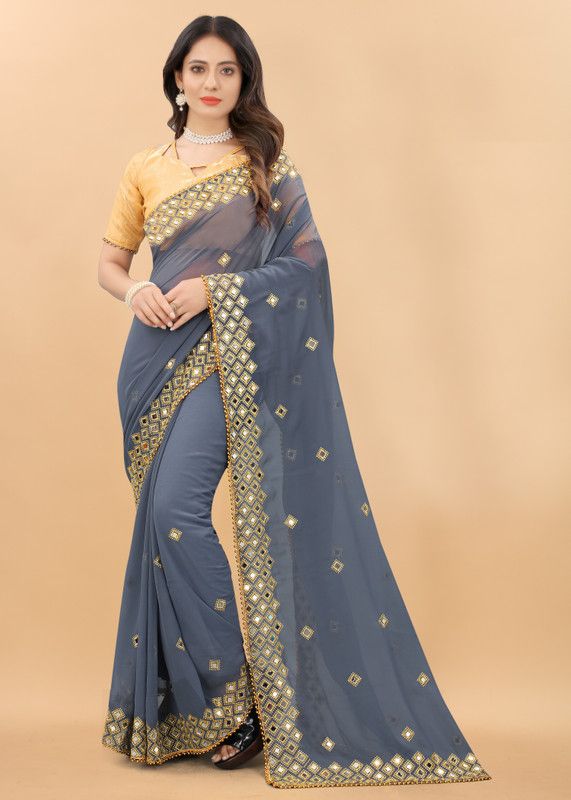 Self Design, Embroidered, Solid/Plain Bollywood Georgette Saree  (Grey)