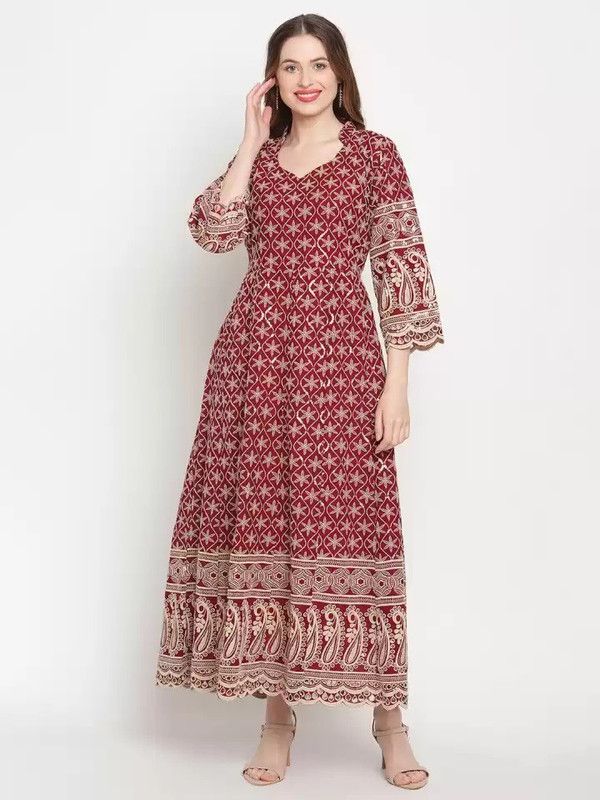 Women Printed Cotton Blend Gown Kurta  (Maroon)