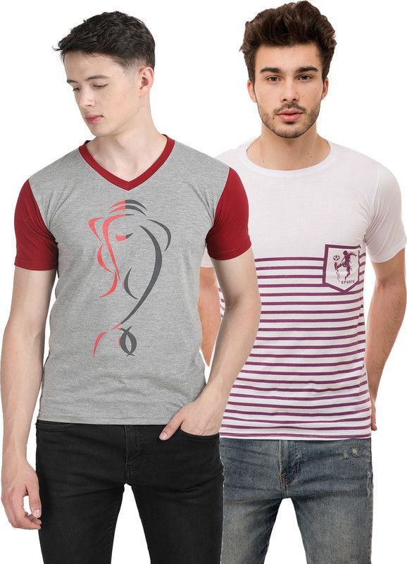 Printed, Striped Men Multicolor T-Shirt  (Pack of 2)