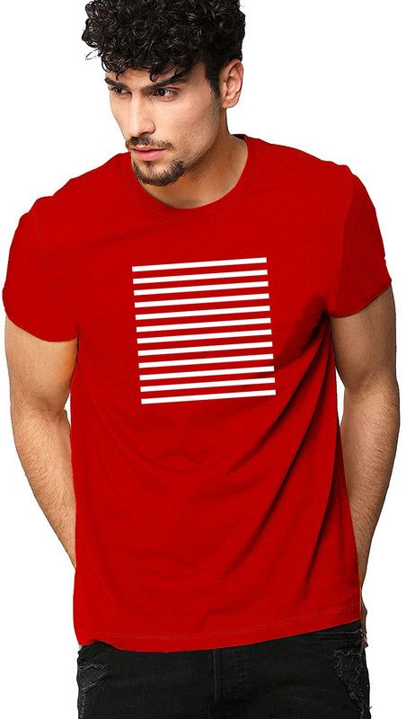 Men Striped Round Neck Pure Cotton Red T-Shirt