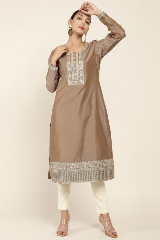 Women Embroidered Chanderi Straight Kurta  (Brown)