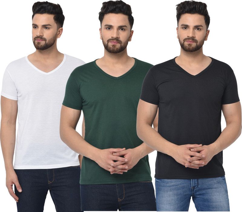 Pack of 3 V neck Combo T-shirts Multicolor Men Solid V Neck Cotton Blend Dark Green, White, Black T-Shirt