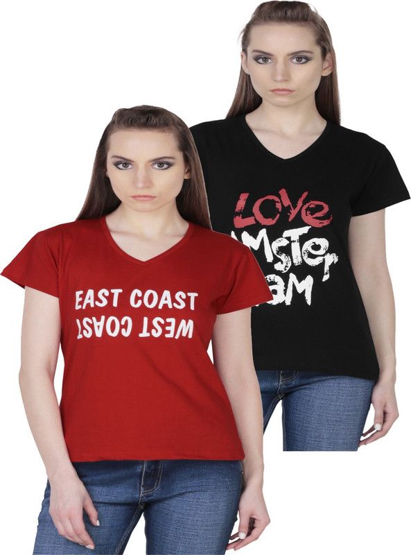Pack of 2 Casual Regular Sleeves Self Design Women Red, Black Top
