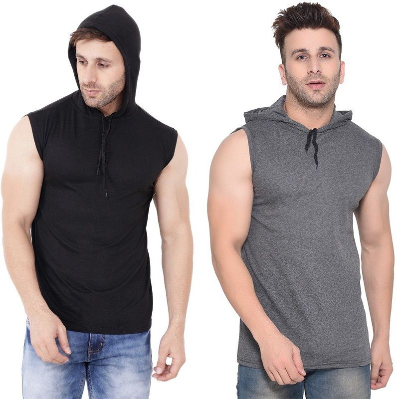 Pack of 2 Faizaan Men Solid Hooded Neck Cotton Blend Black, Grey T-Shirt