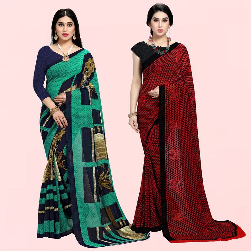 Printed Daily Wear Georgette Saree  (Pack of 2, Red, Green, Blue, Black)